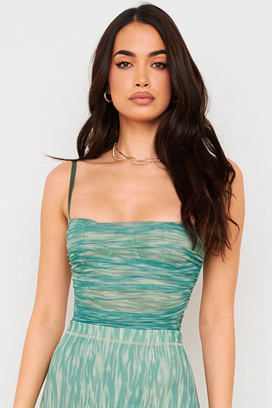 Bodysuit House Of Cb Print Ruched Mesh Verde Oscuro | DJB-743265