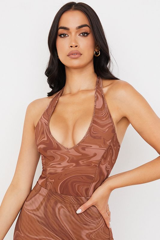 Bodysuit House Of Cb Swirl Print Halter Marrones | LZU-654102