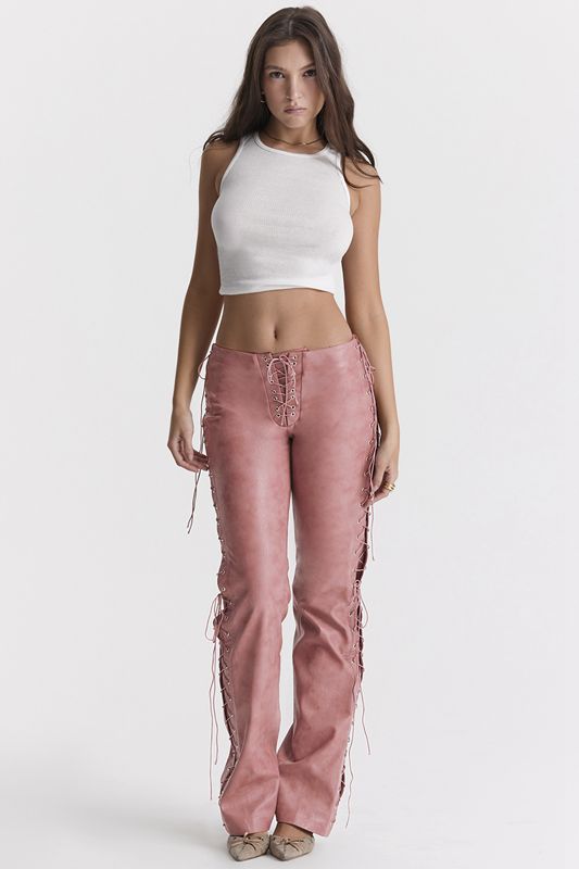 Pantalones House Of Cb Pink Vegan Cuero Encaje Ups Rosas | PKT-628073