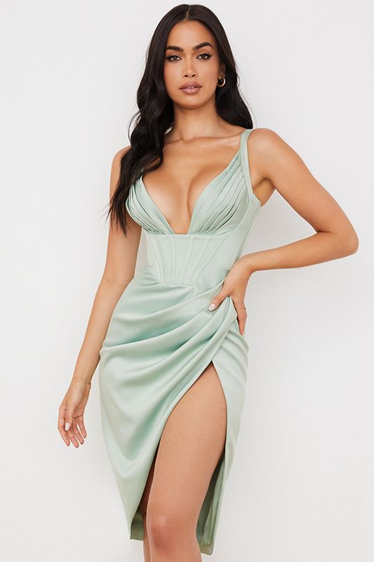 Vestido A Media Pierna House Of Cb Satin Verde | NDV-256807