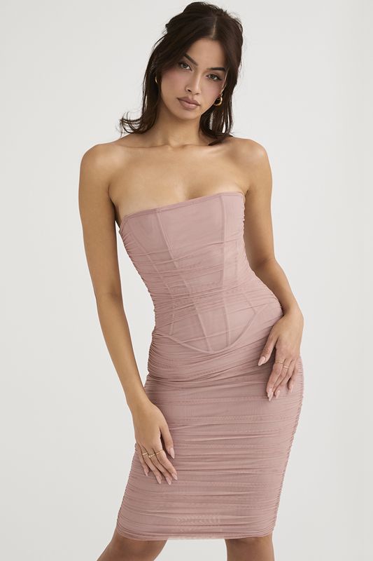 Vestido A Media Pierna House Of Cb Strapless Ruched Rosas | KLG-081537