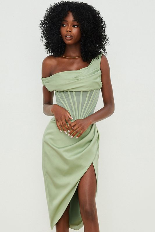 Vestido House Of Cb Asymmetric Drape Midi Verde | NUE-837249