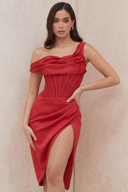 Vestido House Of Cb Asymmetric Drape Midi Rojas | TBY-068173