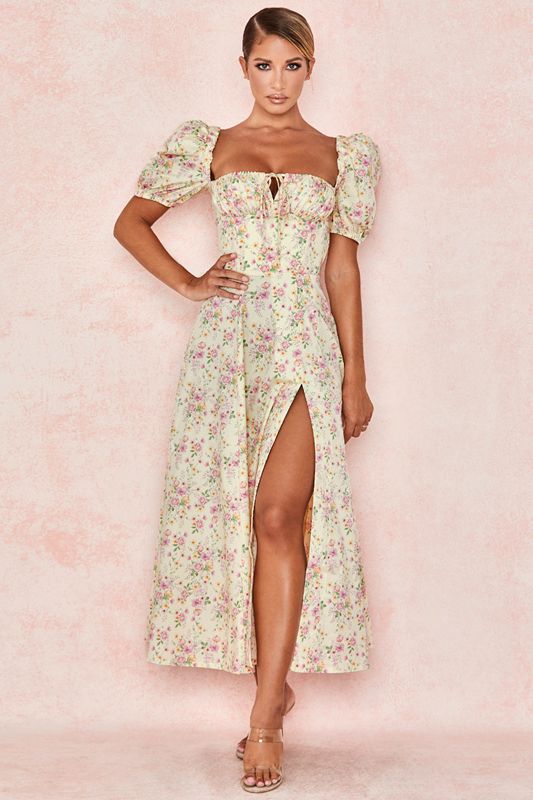 Vestido House Of Cb Floral Puff Sleeve Midi Limón | LFQ-319465