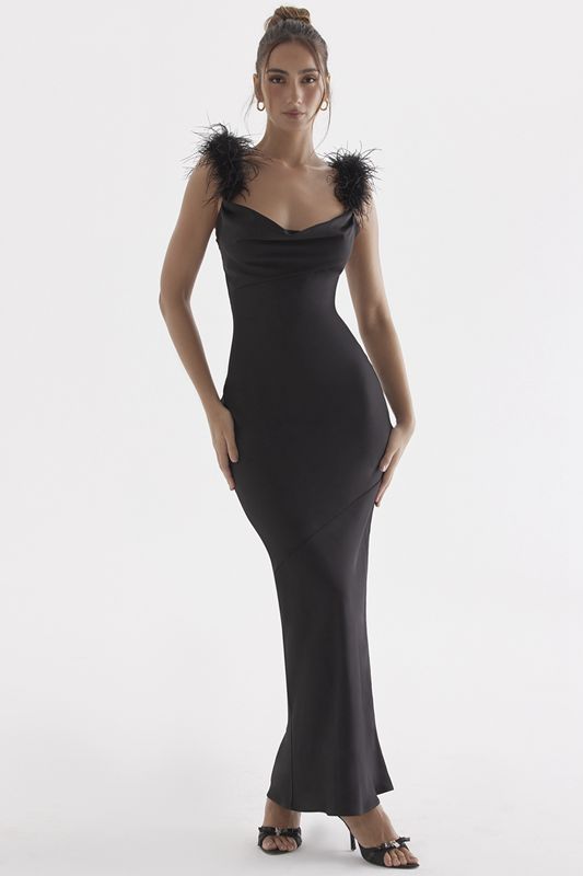 Vestido House Of Cb Satin Maxi Negras | JSF-920645