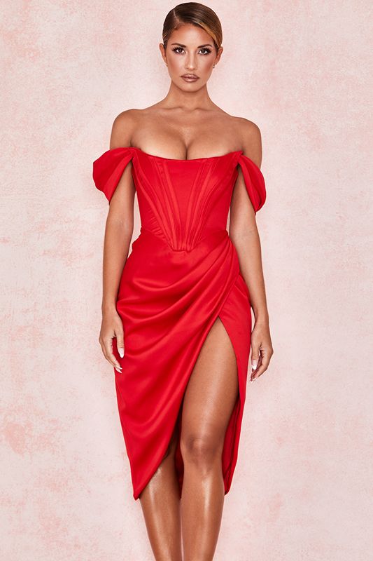 Vestido House Of Cb Satin Off Shoulder Rojas | MGW-294516