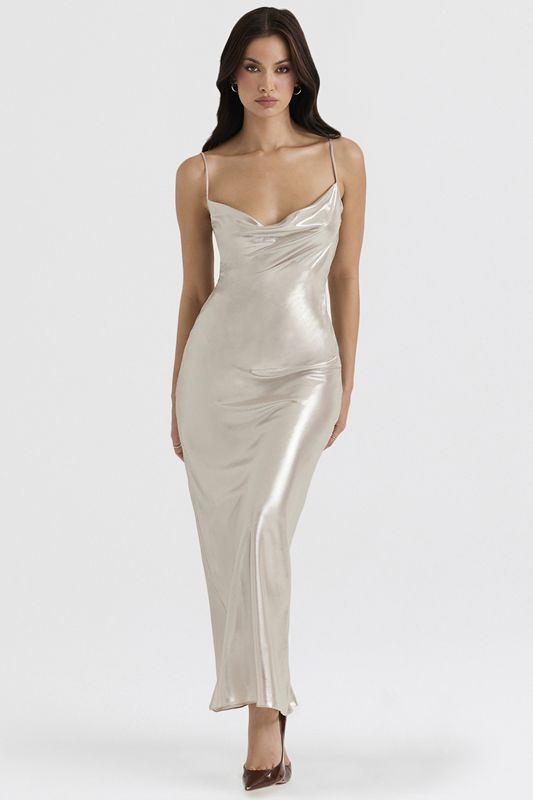 Vestido House Of Cb Shimmer Low Back Maxi Creme | EHT-908675