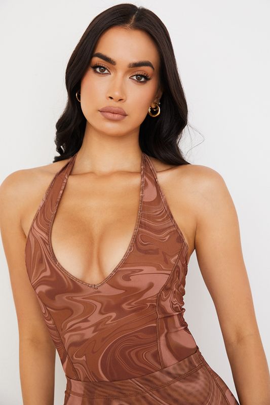 Bodysuit House Of Cb Swirl Print Halter Marrones | LZU-654102