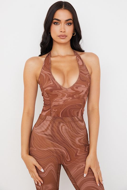 Bodysuit House Of Cb Swirl Print Halter Marrones | LZU-654102