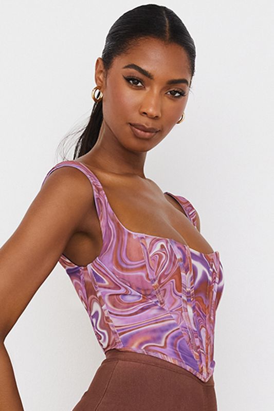 Bodysuit House Of Cb Swirl Print Mesh Moradas | HCZ-642978