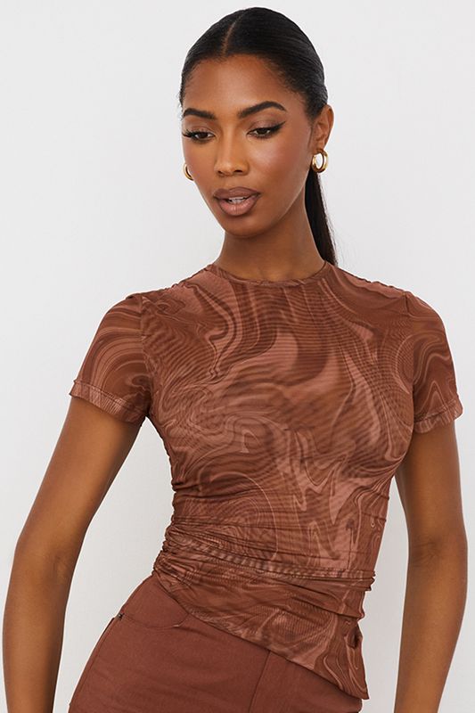 Camiseta House Of Cb Swirl Print Asymmetric Marrones | CFU-076921