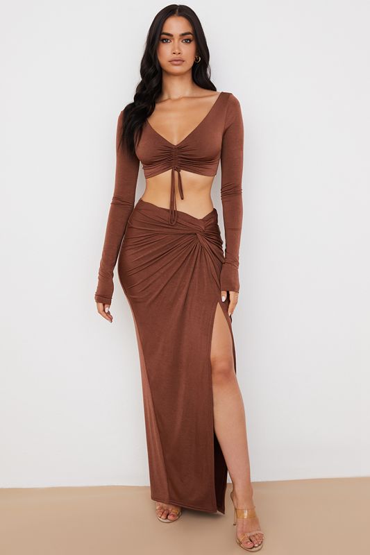 Falda House Of Cb Jersey Twist Front Maxi Chocolate | AQD-428153