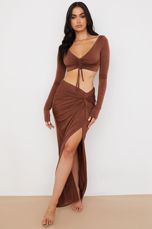 Falda House Of Cb Jersey Twist Front Maxi Chocolate | AQD-428153