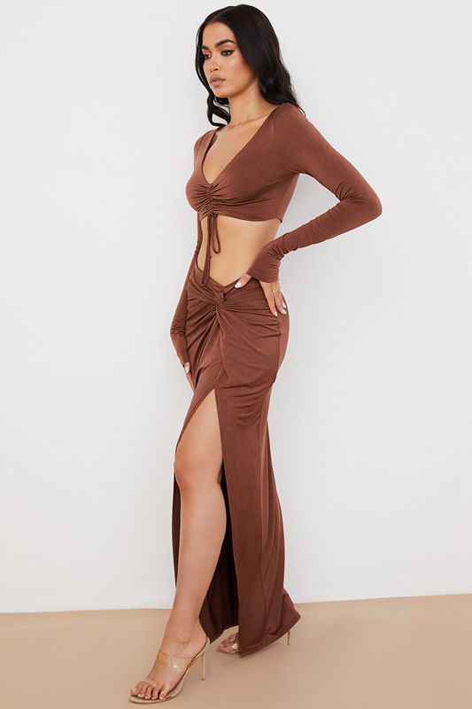 Falda House Of Cb Jersey Twist Front Maxi Chocolate | AQD-428153