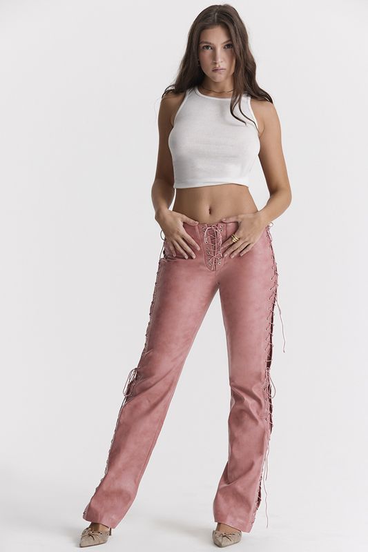 Pantalones House Of Cb Pink Vegan Cuero Encaje Ups Rosas | PKT-628073