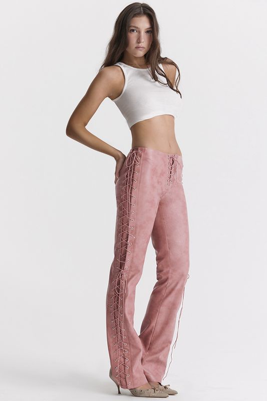 Pantalones House Of Cb Pink Vegan Cuero Encaje Ups Rosas | PKT-628073