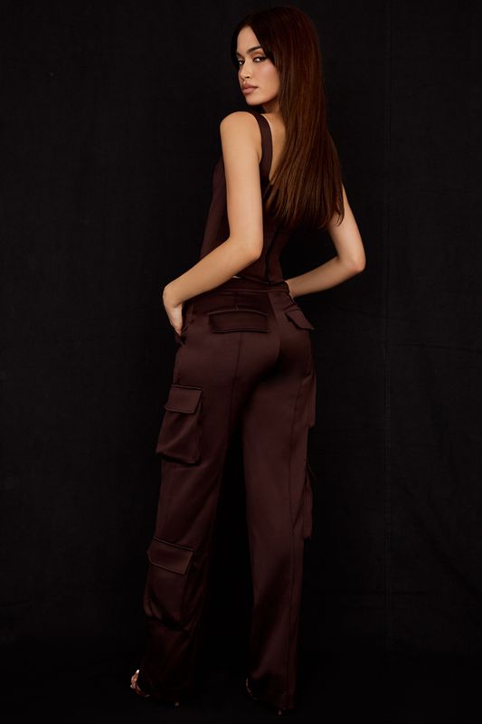 Pantalones House Of Cb Satin Cargos Chocolate | KGZ-029368