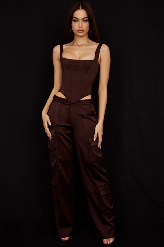 Pantalones House Of Cb Satin Cargos Chocolate | KGZ-029368