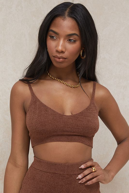 Tops House Of Cb Fluffy Knit Crop Chocolate | JBU-590721