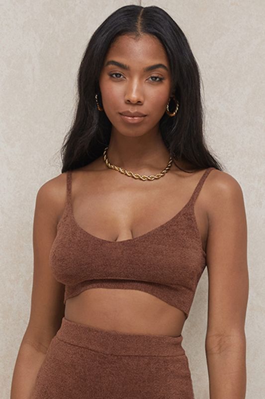 Tops House Of Cb Fluffy Knit Crop Chocolate | JBU-590721