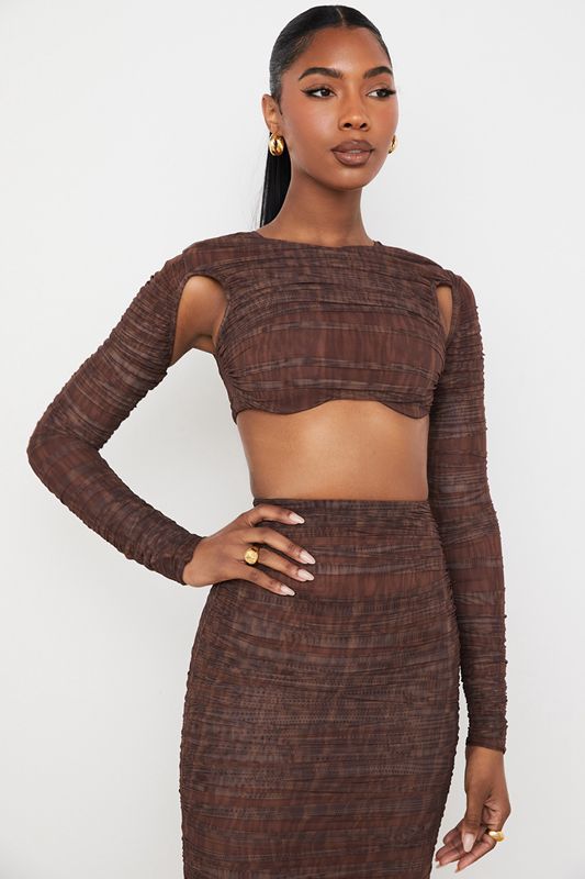 Tops House Of Cb Print Ruched Mesh Cutout Cropped Chocolate | ZGN-851342