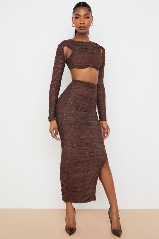 Tops House Of Cb Print Ruched Mesh Cutout Cropped Chocolate | ZGN-851342