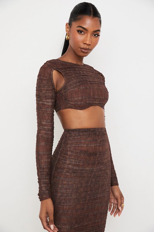 Tops House Of Cb Print Ruched Mesh Cutout Cropped Chocolate | ZGN-851342