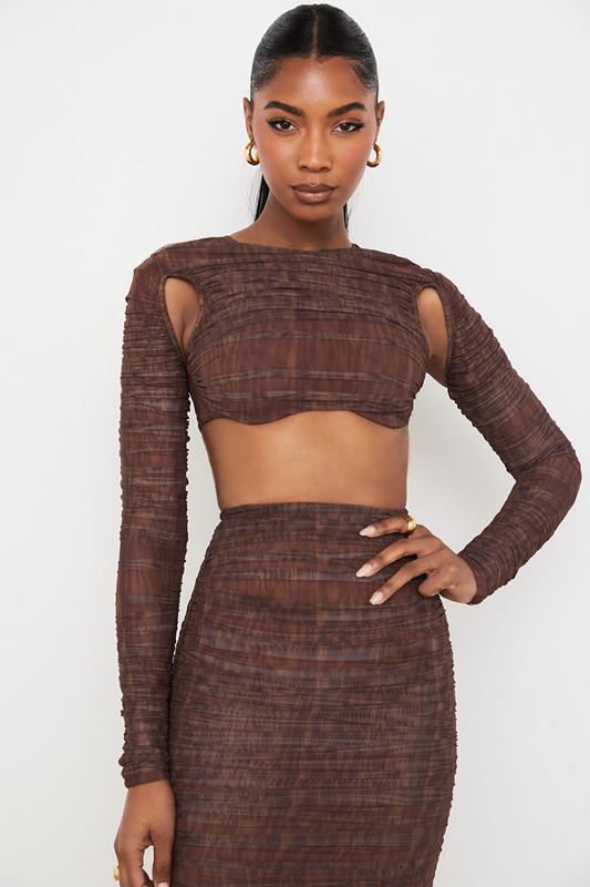 Tops House Of Cb Print Ruched Mesh Cutout Cropped Chocolate | ZGN-851342