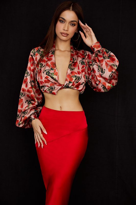 Tops House Of Cb Print Satin Plunge Rosas | AKT-234796