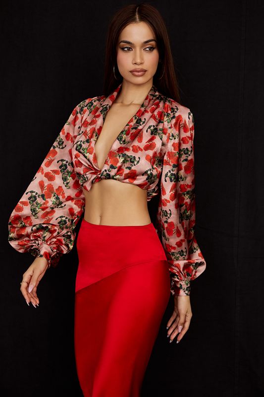 Tops House Of Cb Print Satin Plunge Rosas | AKT-234796