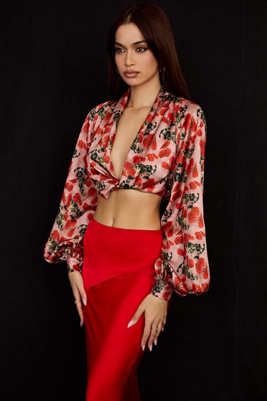 Tops House Of Cb Print Satin Plunge Rosas | AKT-234796