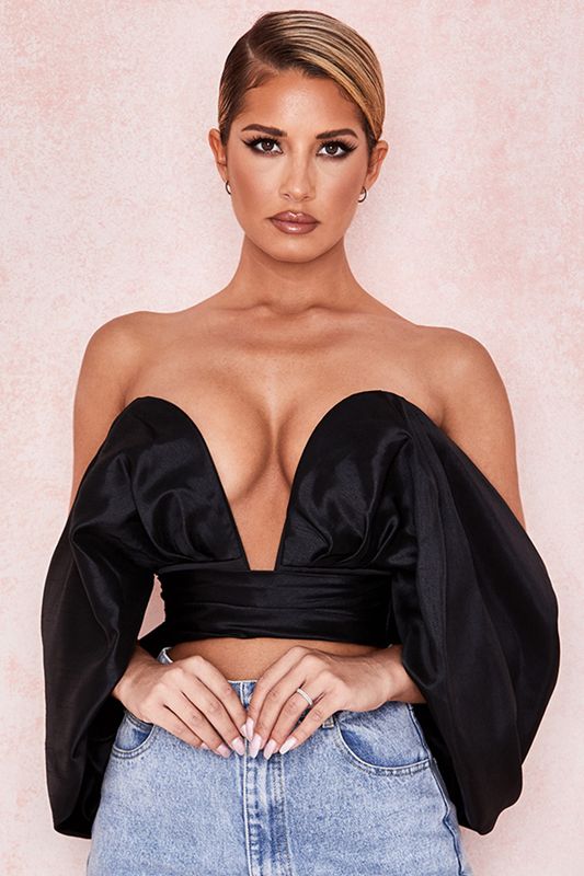 Tops House Of Cb Satin Plunge Off Shoulder Bustier Negras | AGP-483075