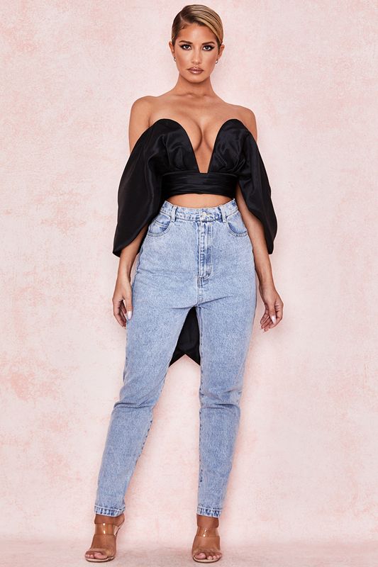 Tops House Of Cb Satin Plunge Off Shoulder Bustier Negras | AGP-483075