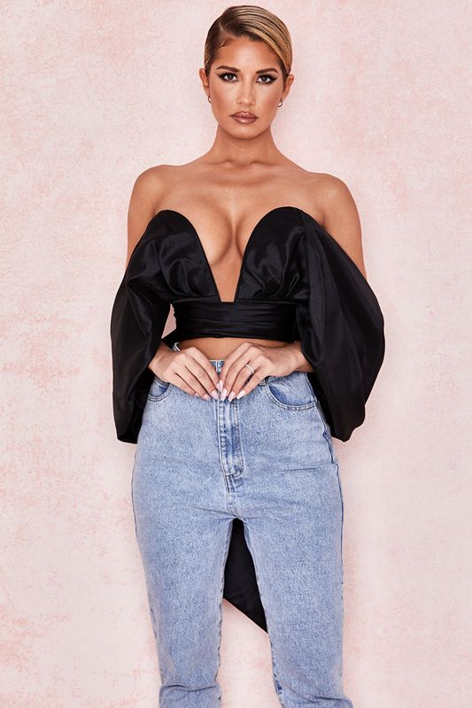 Tops House Of Cb Satin Plunge Off Shoulder Bustier Negras | AGP-483075