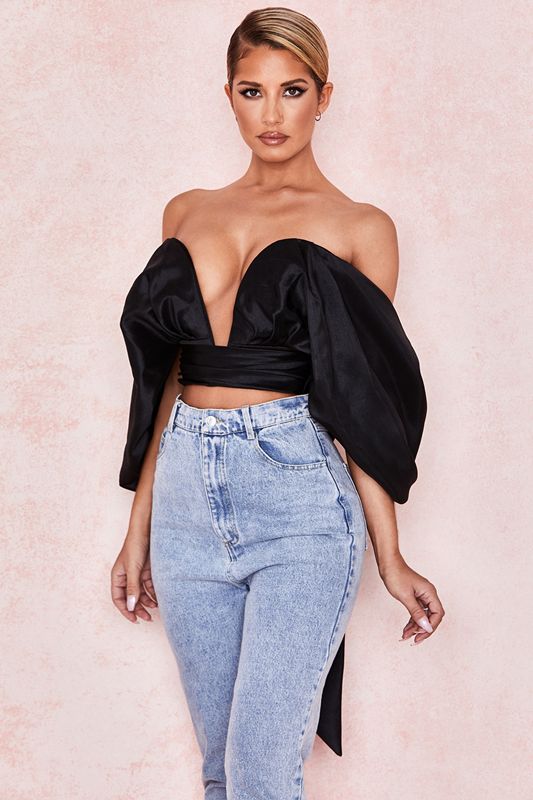 Tops House Of Cb Satin Plunge Off Shoulder Bustier Negras | AGP-483075