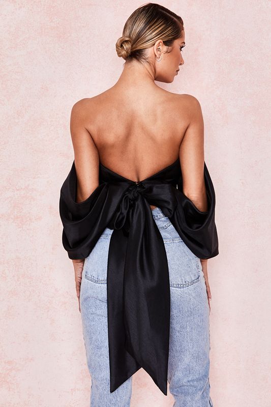 Tops House Of Cb Satin Plunge Off Shoulder Bustier Negras | AGP-483075