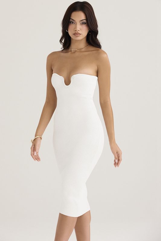 Vestido A Media Pierna House Of Cb Acanalado Knit Strapless Blancas | VDW-140387