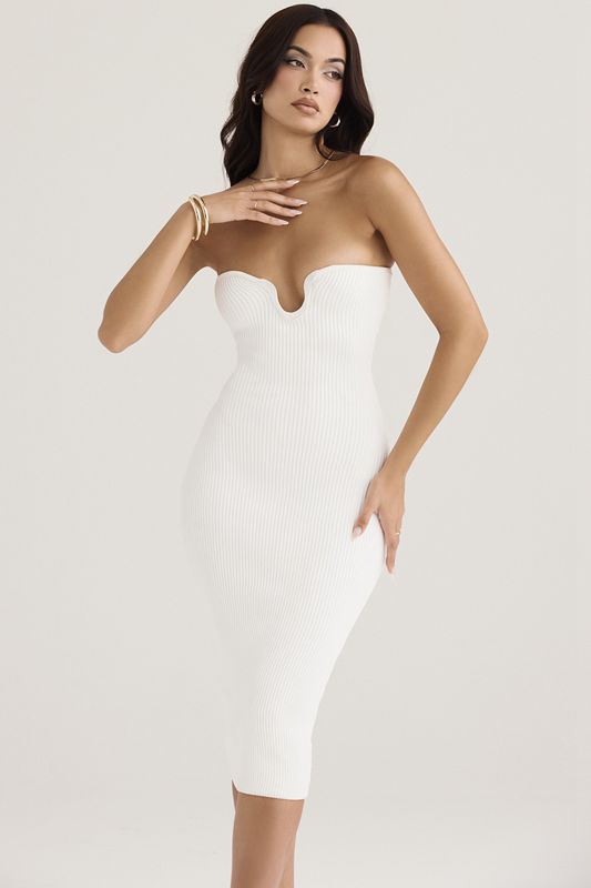 Vestido A Media Pierna House Of Cb Acanalado Knit Strapless Blancas | VDW-140387