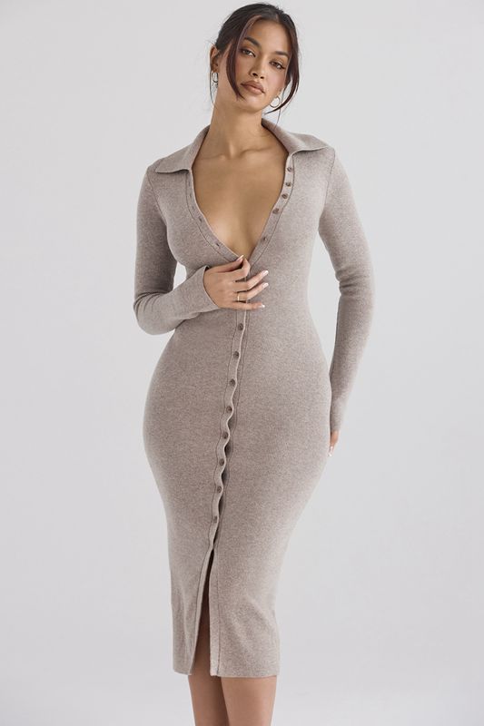 Vestido A Media Pierna House Of Cb Cashmere Knit Beige | AWJ-329816