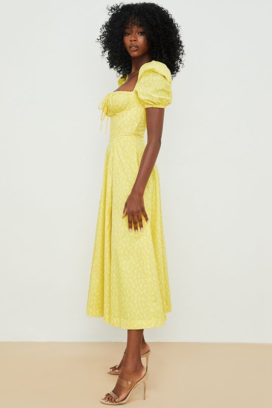 Vestido A Media Pierna House Of Cb Floral Puff Sleeve Amarillo | DER-604952