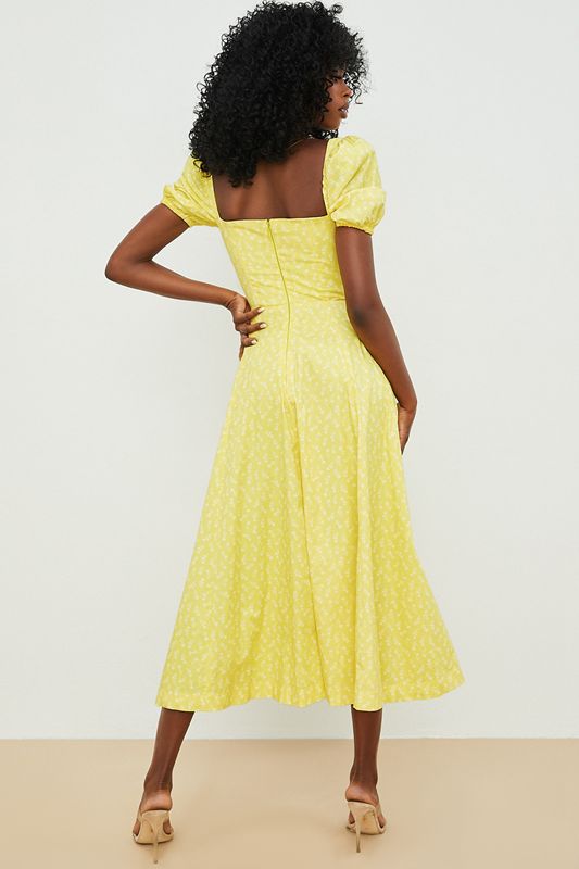 Vestido A Media Pierna House Of Cb Floral Puff Sleeve Amarillo | DER-604952