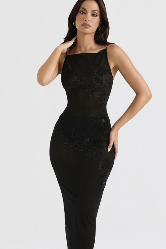 Vestido A Media Pierna House Of Cb Mesh Crystal Embellished Negras | BWG-791038