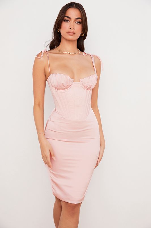 Vestido A Media Pierna House Of Cb Pink Satin Rosas | DGQ-107639