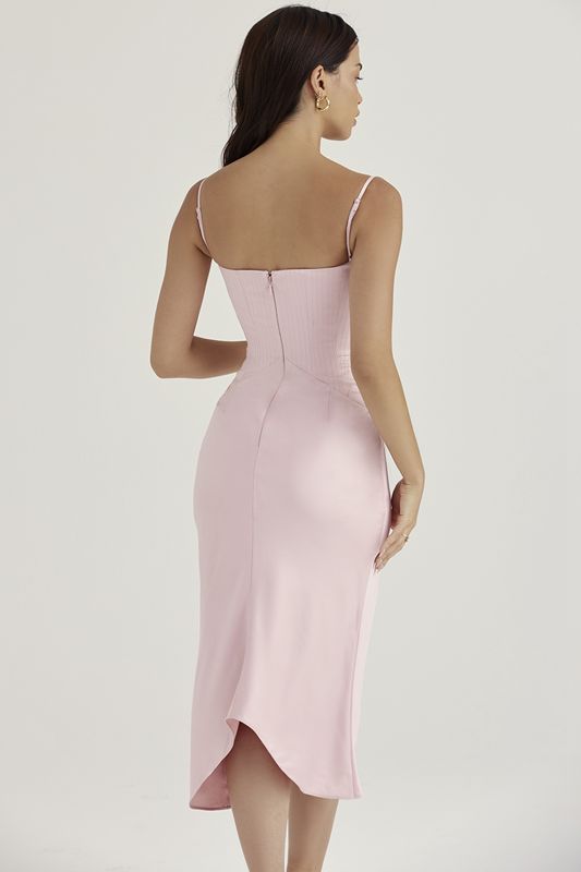 Vestido A Media Pierna House Of Cb Pink Satin Rosas | DOM-084952