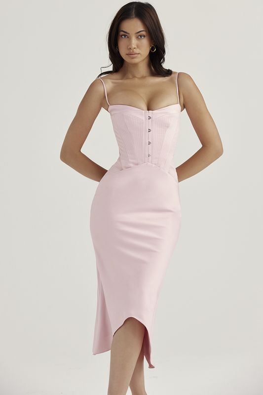 Vestido A Media Pierna House Of Cb Pink Satin Rosas | DOM-084952