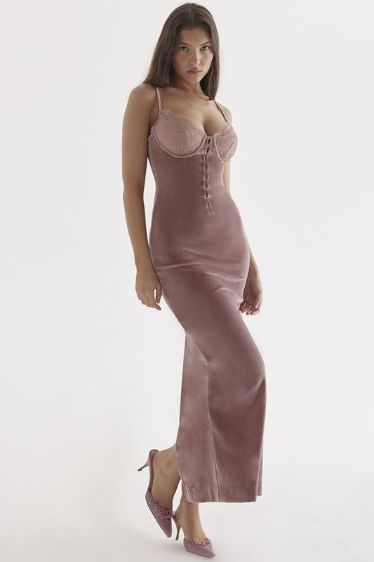 Vestido A Media Pierna House Of Cb Pink Velvet Rosas | QYU-352041