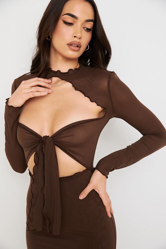 Vestido A Media Pierna House Of Cb Power Mesh Tie Front Chocolate | ITB-784365