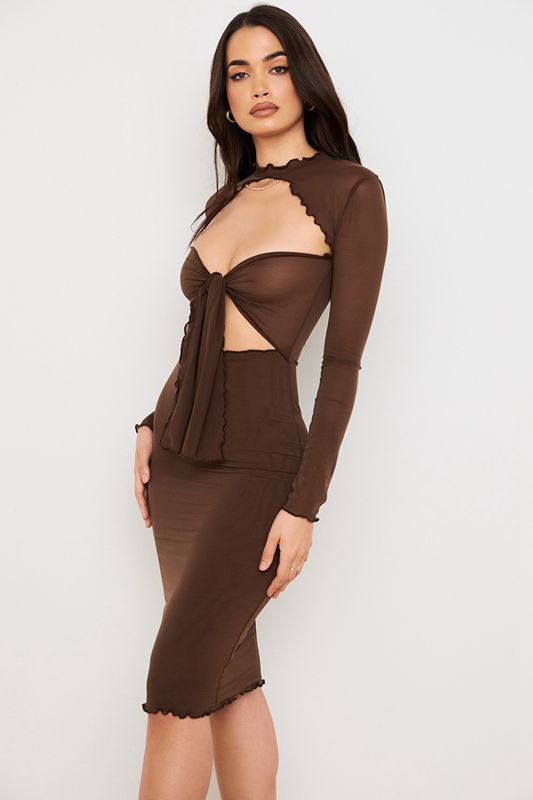 Vestido A Media Pierna House Of Cb Power Mesh Tie Front Chocolate | ITB-784365