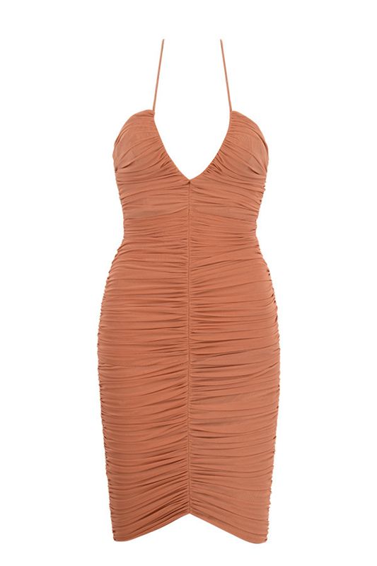 Vestido A Media Pierna House Of Cb Ruched Mesh Naranjas | NQU-247560