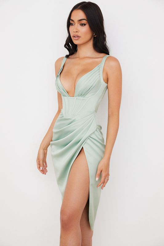 Vestido A Media Pierna House Of Cb Satin Verde | NDV-256807